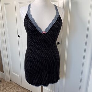 Honeydew Intimates Black Chemise with Pink Dots and Gray Lace Trim